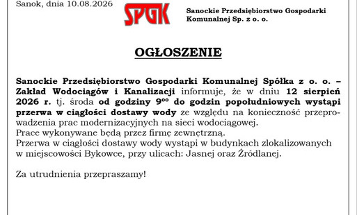 Uwaga Bykowce! Przerwa w dostawie wody na ul. Żródlanej i Jasnej