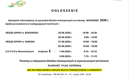 Sprzedaż biletów miesięcznych przewoźnika SANTUR Sp. z o.o. na WRZESIEŃ 2026 r.
