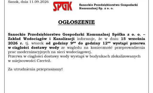 Uwaga Czerteż! W dniu 15 września br. przerwa w dostawie wody