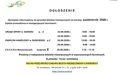Sprzedaż biletów miesięcznych przewoźnika SANTUR Sp. z o.o. na PAŹDZIERNIK 2026 r.