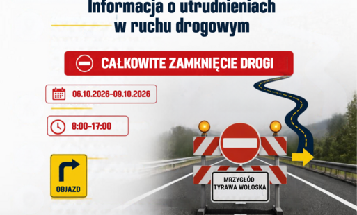 Informacja o utrudnieniach w ruchu drogowym Mrzygłód - Tyrawa Wołoska