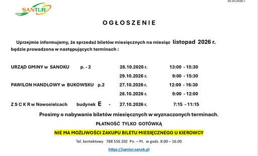 Sprzedaż biletów miesięcznych przewoźnika SANTUR Sp. z o.o. na LISTOPAD 2026 r.