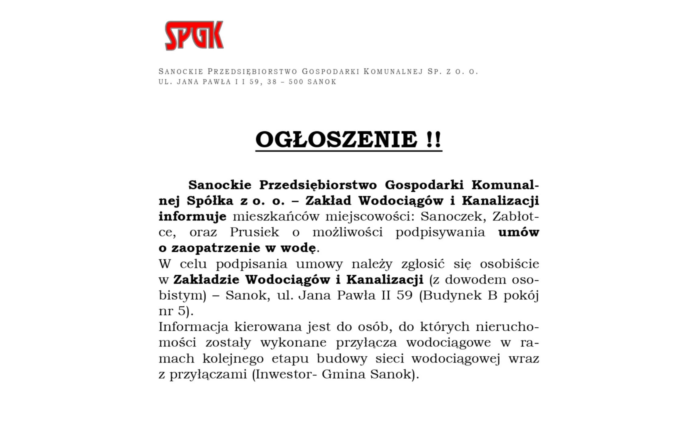 Zdjęcie do Informacja  dla mieszkańc&oacute;w Sanoczka, Zabłociec i Prusieka. SPGK w Sanoku zaprasza do podpisywania nowych um&oacute;w na zaopatrzenie w wodę