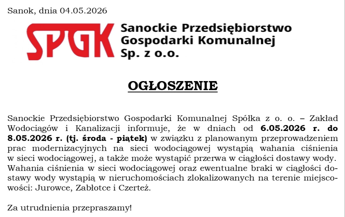 Zdjęcie do Uwaga Jurowce, Zabłotce i Czerteż! Możliwe przerwy w dostawie wody w dniach 6-8 maja br.
