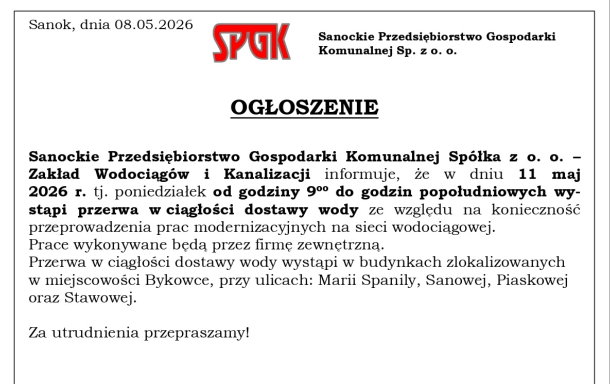 Zdjęcie do Komunikat: Przerwa w dostawie wody w Bykowcach