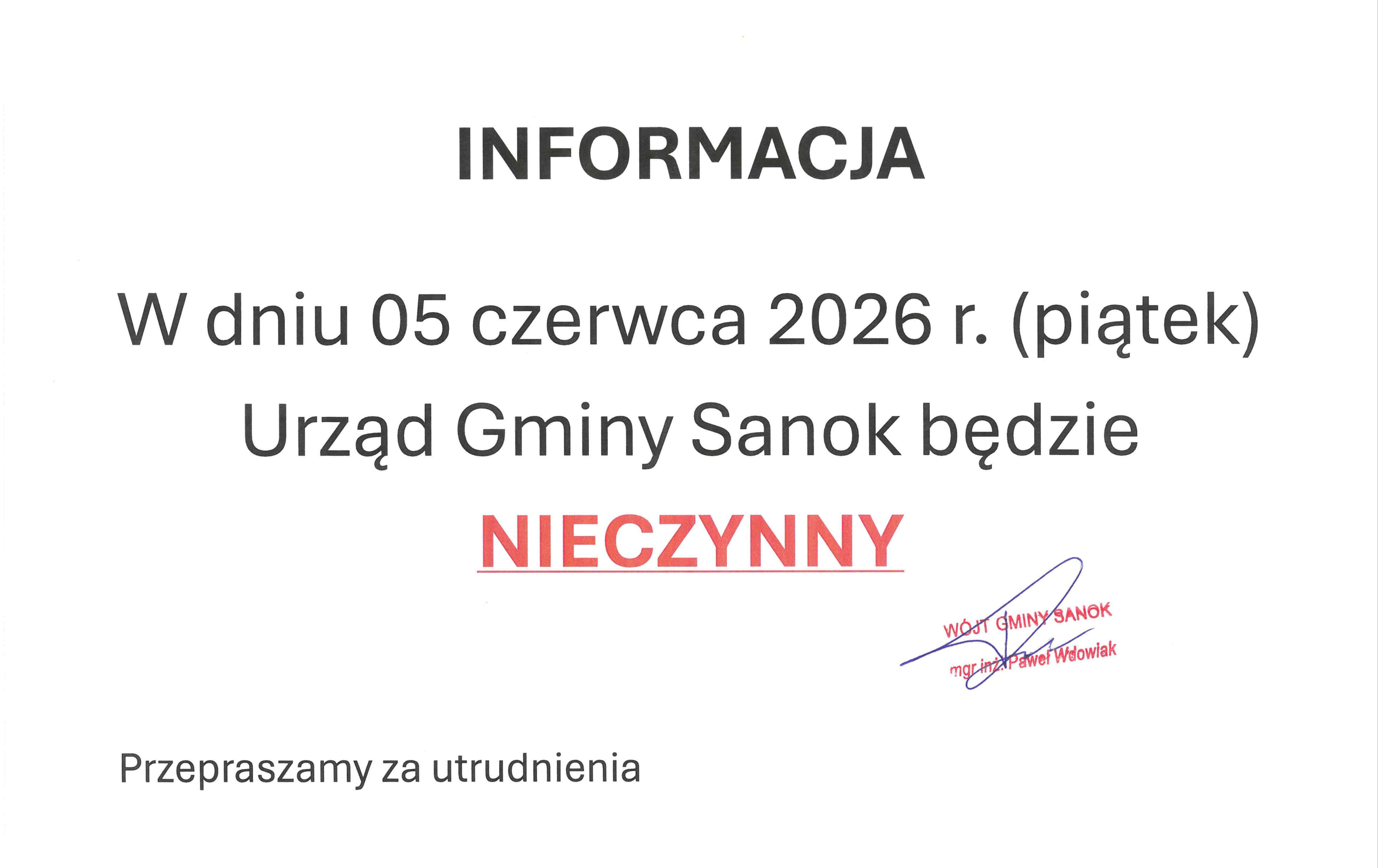 Zdjęcie do Komunikat: W dniu 5 czerwca br. urząd Gminy Sanok nieczynny
