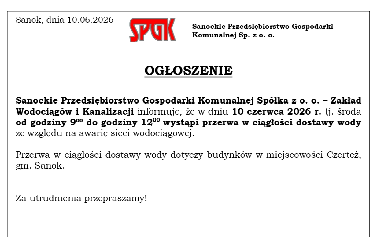 Zdjęcie do Uwaga! Przerwa w ciągłości dostawy wody w Czerteżu