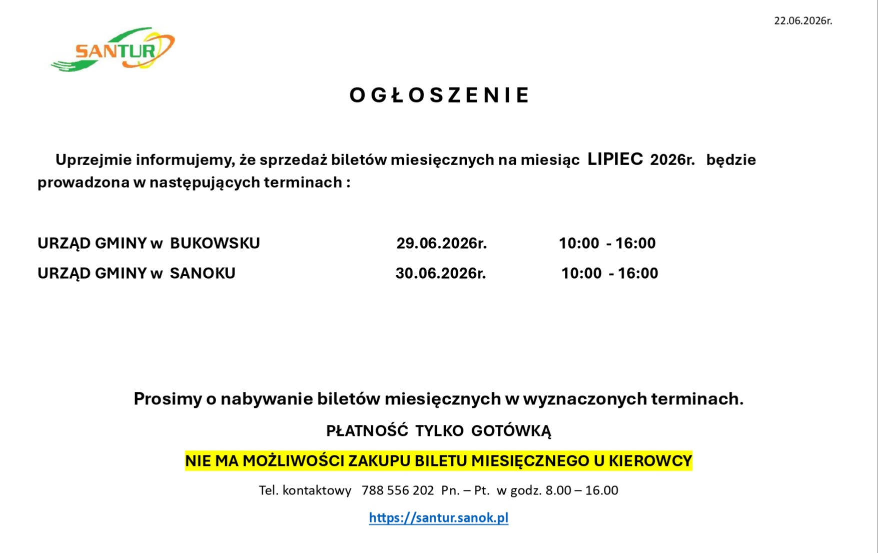 Zdjęcie do Sprzedaż bilet&oacute;w miesięcznych przewoźnika SANTUR Sp. z o.o. na LIPIEC 2026 r.